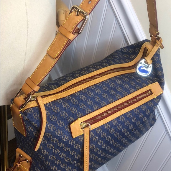 Vintage Dooney and Bourkey Blue Jacquard Monogram Top Zipper Tote Shoulder Bag - Picture 5 of 17